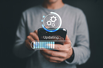 Mobile phone software update concept system upgrade application installation process progress bar on device screen