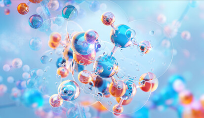 3D molecular structure with glowing atoms and bonds. Chemistry technology, nanotechnology, molecular biology, medical, pharmaceutical, beauty and biotech innovations, or AI-driven research concept