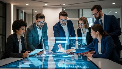 Diverse Business Team Collaborates on Futuristic Holographic Data Display for Strategic Analysis - Powered by Adobe