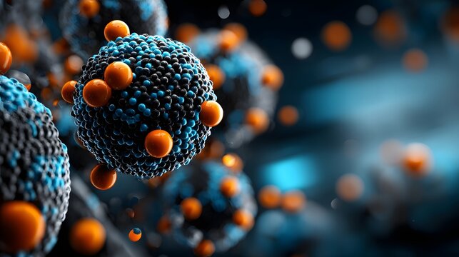 Abstrakte 3D-Darstellung von Molekülen mit orangen und blauen Partikeln – Wissenschaftliches Konzept

