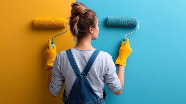 A Young Woman Prepares to Paint Two Vibrant Walls, One Yellow and One Blue, Showcasing Her Creative Spirit and Role in Home Improvement Projects