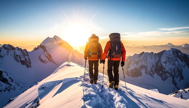 Couple hiking snow ridge at sunrise. Back view of hikers walking towards the sun with mountain range backdrop
