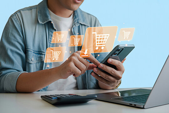 Online shopping with mobile phone concept man using smartphone for ecommerce and digital marketing - Powered by Adobe