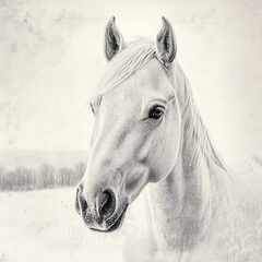 White horse head illustration with soft features on textured background  