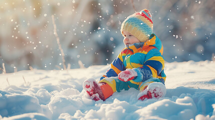 Young child playing in snow during winter with colorful outfit