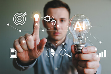 Artificial intelligence ai business solutions and innovative technology concept lightbulb idea generation