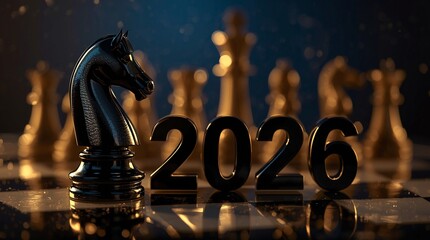 Black chess knight with golden 2026 numbers on reflective chessboard under warm festive lights — elegant New Year card or wallpaper symbolizing strategy, success, leadership and smart planning