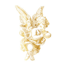 Freehand golden Cupid scribble isolated on white background. Texture of writing materials. Handwritten valentines doodles and pencil strokes. Hand drawn cupidon. Line art, vintage engraving