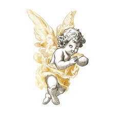 Freehand golden Cupid scribble isolated on white background. Texture of writing materials. Handwritten valentines doodles and pencil strokes. Hand drawn cupidon. Line art, vintage engraving