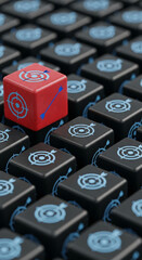 Close-up of red and black cubes with target symbol, creating a focused composition, representing precision, objective, and strategy, excellent for marketing