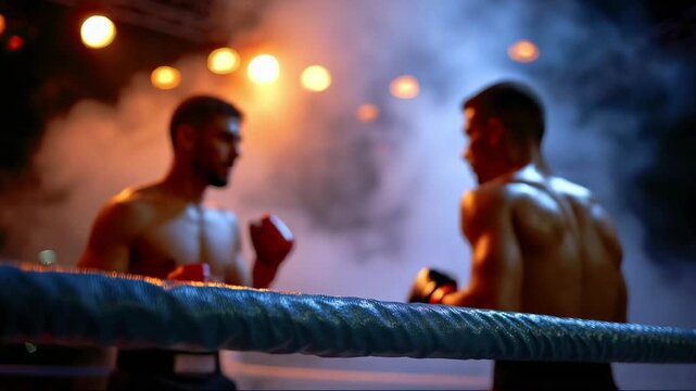A selective-focus shot of a blue boxing ring rope with two shirtless combatants in a hazy backlit ring in the background