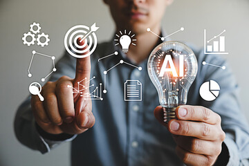 Artificial intelligence ai concept man holding lightbulb with ai text and touching digital icons