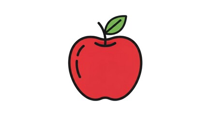 Simple Red Apple Icon with Green Leaf and Stem.