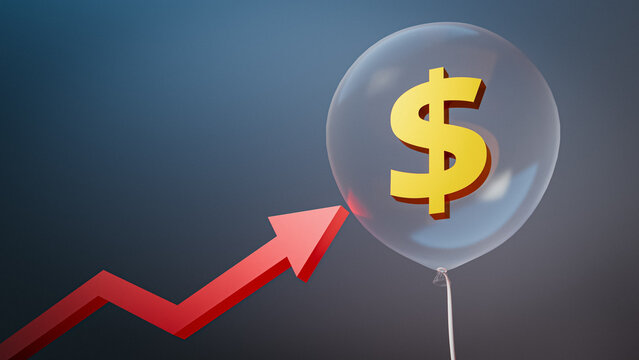 Financial Bubble Risk Concept: Rising Graph Arrow Pointing to Dollar Sign Balloon. 3d rendering