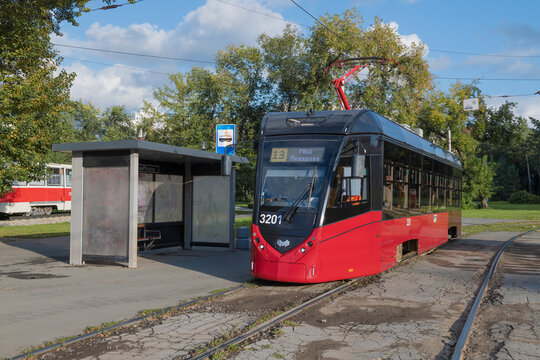 NOVOSIBIRSK, RUSSIA - AUGUST 29, 2025: Modern tram BKM T701 at the final stop on August afternoon