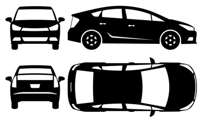Black and white vector silhouette of a car shown from different angles - side, front, rear, and top view.