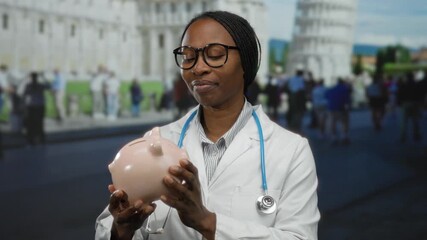 Woman wearing lab coat holds piggy bank near pisa tower in italy under clear sky blending finance and iconic architecture. - Powered by Adobe