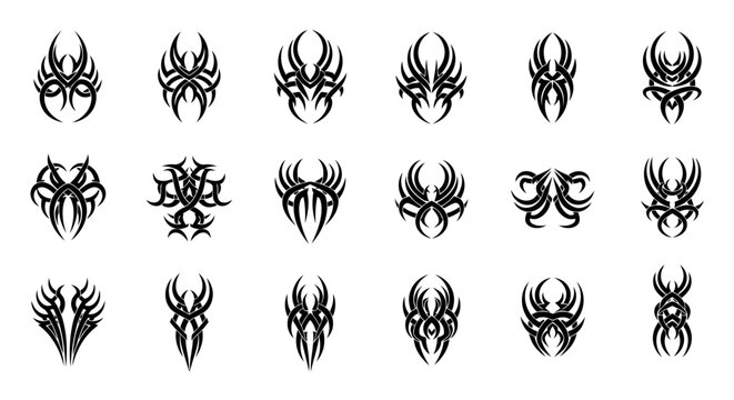 Collection of abstract symmetrical tribal tattoo design elements for creative art projects