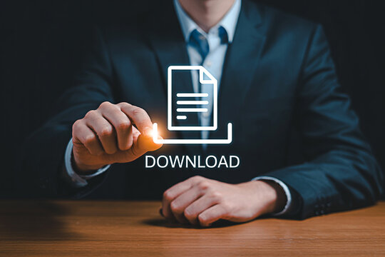Download file concept businessman clicking on virtual download icon digital technology interface concept