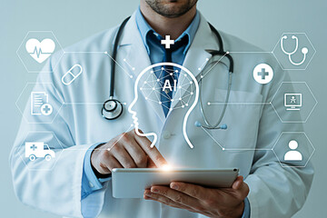Ai in healthcare concept doctor using tablet with artificial intelligence for medical solutions