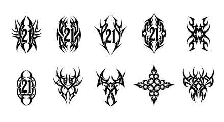 Collection of unique stylized tattoo designs with number 21 and abstract shapes