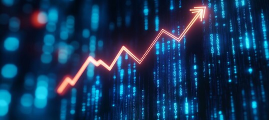 Glowing Orange Graph Line Ascending on Digital Background with Upward Trend Arrow Illustration
