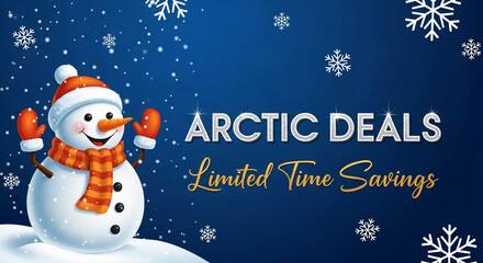 Cartoon snowman with orange scarf and hat, against a blue gradient backdrop with white snowflakes, showcasing festive season sales and winter themed offers