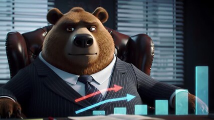 Animated bear in a suit sitting at a desk observing a holographic financial graph with rising lines and bar charts symbolizing growth and success in business and investment. - Powered by Adobe