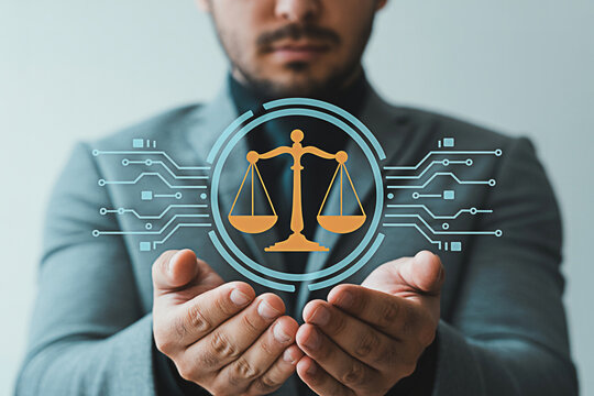 Digital law and technology concept for legal services online with scales of justice and circuit boards design