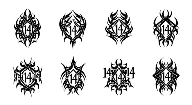 Collection of tattoo designs featuring the number fourteen in various tribal styles