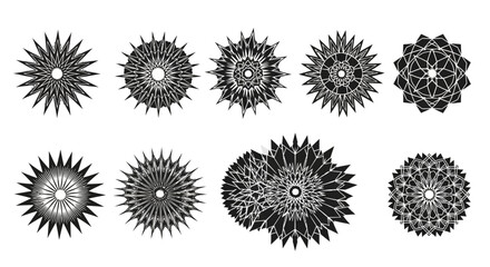 Collection of geometric designs featuring intricate starbursts, radiating elegance and