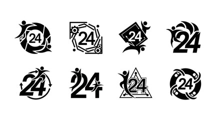 Collection of unique black and white vector logos depicting 24 hour service availability