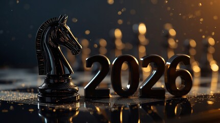 Black chess knight with metallic 2026 numbers on reflective chessboard and warm festive background — elegant New Year card or wallpaper symbolizing strategy, success, planning and celebration