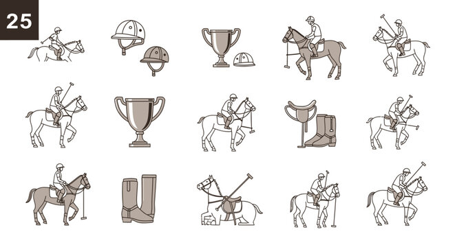 A collection of illustrated polo elements showcasing riders, horses and sporting equipment