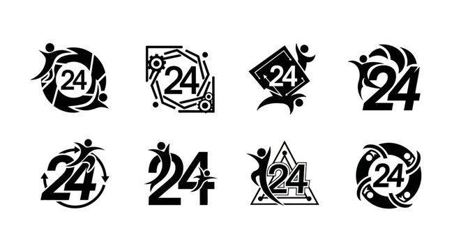 Collection of unique black and white vector logos depicting 24 hour service availability