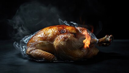 Roasted turkey on fire in plastic wrap with dramatic dark background
