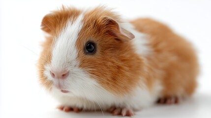 Cute orange and white guinea pig sitting calmly against a plain background