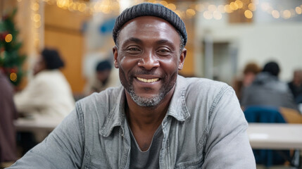Positive black homeless man sitting at table in noisy homeless shelter cafeteria, surrounded by other people, Christmas concept. As a result of winter's cold, harshness, and warmth, holidays merge in