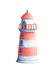 Hand drawn lighthouse illustration isolated on transparent background. Cute light tower clipart poster card painted with colored pencils. Striped red and blue beacon design.