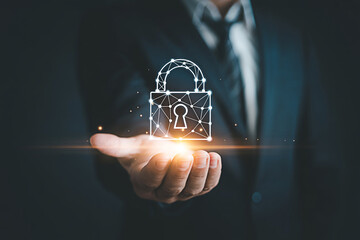 Cyber security protection concept businessman holding digital padlock data privacy and network security