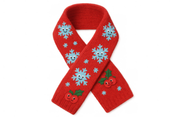 Red knitted winter scarf displaying smiling snowflakes and holly berries, celebrating festive christmas holiday cheer