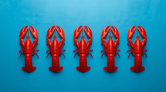A modern minimalist photo features five bright red lobsters arranged in a row against a vibrant blue background. The top-down view highlights strong contrast and symmetrical composition with bold colo