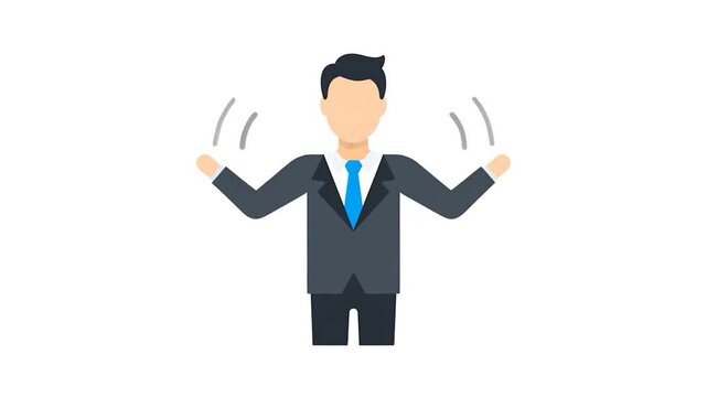 A flat illustration depicts a man with open arms, wearing a suit and tie. He has short hair
