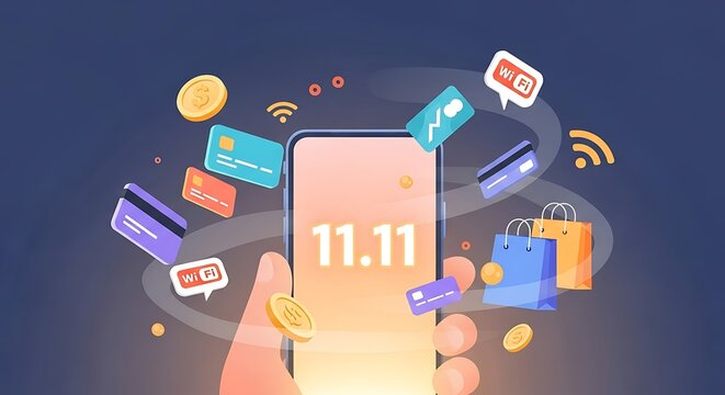 Hand holding phone with eleven eleven sale date and floating cards and coins and shopping bags around - Powered by Adobe