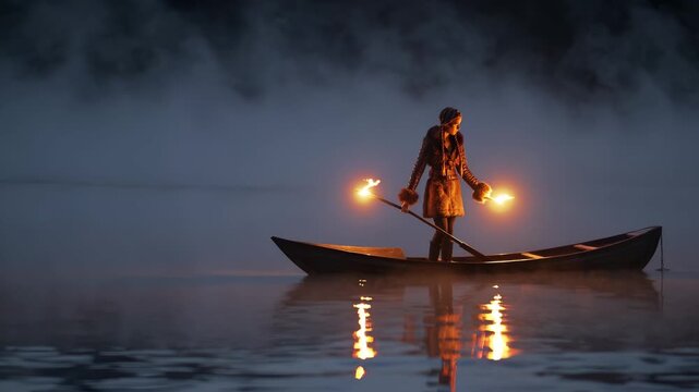 Standing on boat with torch. Silhouette holds oar and rower stance on mist lake at night. Fire reflects on water and creates moody reflection. Calm atmosphere evokes solitude and mystery. Foggy sky.