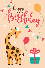 Kids birthday card,African animals,safari theme.A fun card with lettering and balloons.Cartoon vector illustration in a flat style