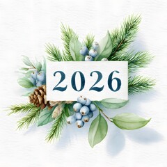 Watercolor winter composition with pine branches, eucalyptus, berries, cone and paper label 2026, elegant New Year greeting design