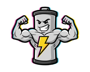 Powerful Battery Mascot: Energy, Strength, Power, and Fitness Icon