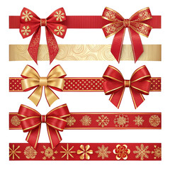 Festive Red and Gold Christmas Ribbons and Bows Collection on White