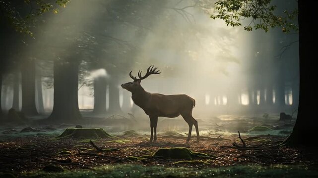 Majestic deer standing in a misty forest as sunlight filters through the trees creating a serene